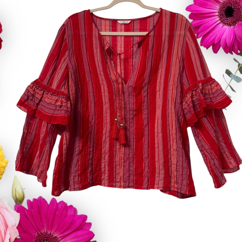 Club Monaco Red Striped Long Sleeve V-Neck Tussle Tie Ruffle Detail Red TunicTop